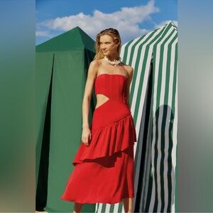 NWT FarmRio red cutout strapless linen dress.